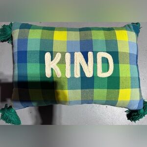 Vibrant Plaid 'Kind' Pillow in Green and Blue